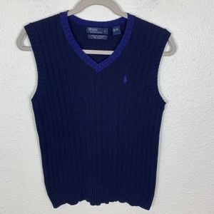Polo Ralph Lauren Womens L Blue Chunky Knit Sweater Vest V Neck Pony Preppy Y2K